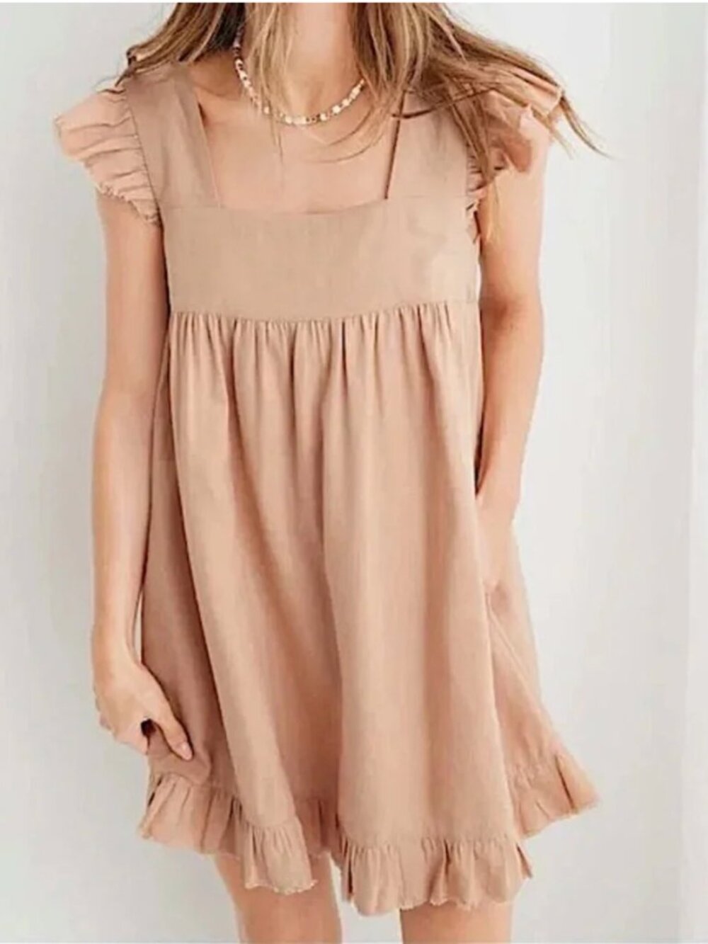 AERIE Beige Linen Flutter Sleeve Mini Babydoll dress sz L